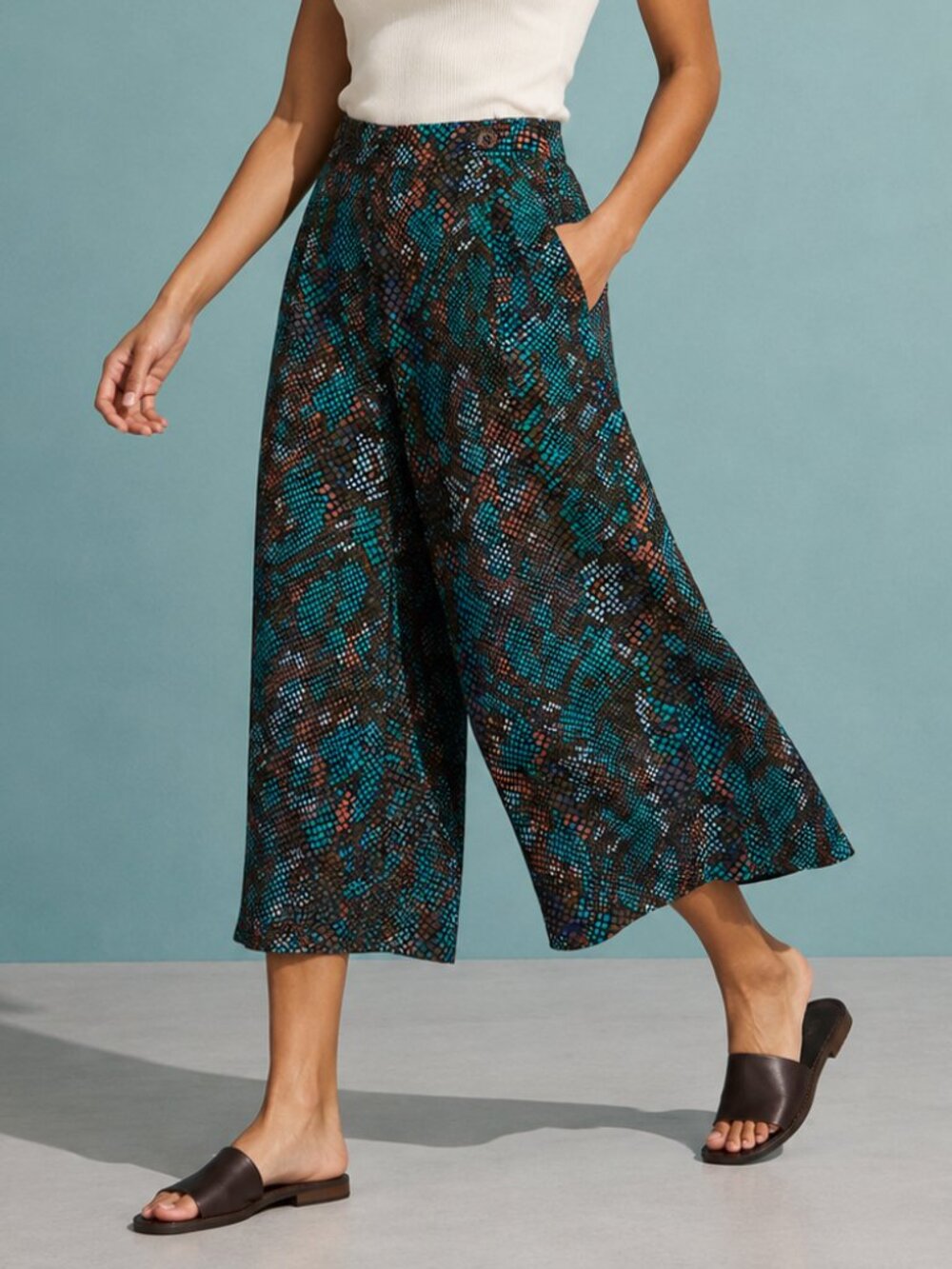 Anthropologie The Essential Culotte Pants Sz 10 Teal Mosaic Snake Print Wide Leg